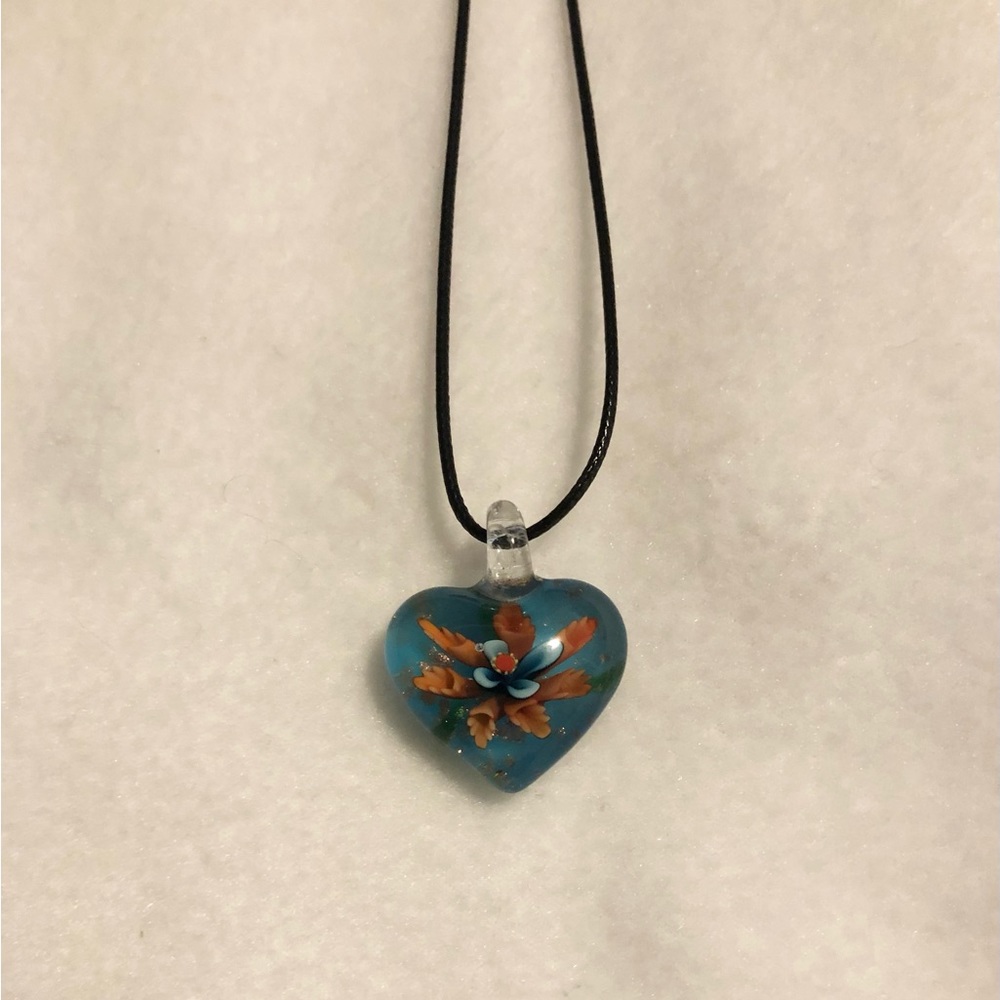 Glass Heart Necklace Pendant Blue Orange Blown Glass Art